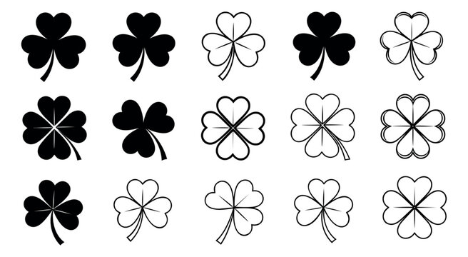 Outline and solid clover and shamrock icons set featuring three and four leaf designs for good luck and St. Patrick's Day themes