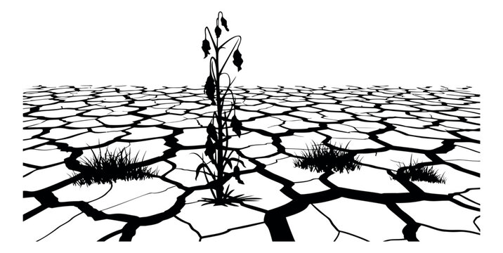 Graphic illustration of dry cracked earth and a withered plant depicting drought for environmental concepts