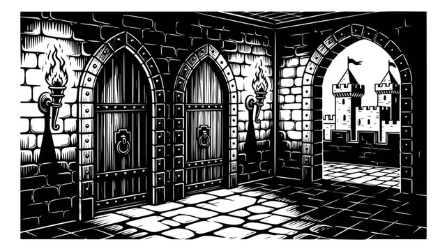 Vintage hand drawn illustration of medieval castle interior depicting a passageway to a fortress for fantasy adventure games