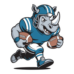 Obraz premium Aggressive cartoon rhino American football player charging forward, dual footballs in motion, fierce mascot style, vibrant vector illustration, energetic sporting character
