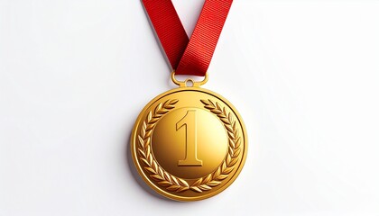 Golden First Place Medal with Red Ribbon on White Background Symbolizing Achievement and Success.