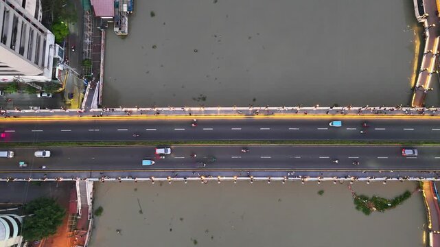 Aerial Drone View of Jones Bridge Road over Pasig River at Manila Philippines in 4k