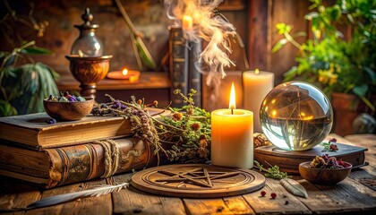 Mystical Still Life with Candles Books and Crystal Ball on Rustic Wood Surface for Magical Atmosphere.