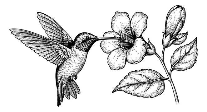 Hand drawn line art illustration of a hummingbird and a flower depicting the bird feeding nectar for nature and botanical designs