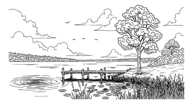 Hand drawn line art illustration of a lake scene depicting a wooden pier, trees, and water lilies for nature and outdoor designs