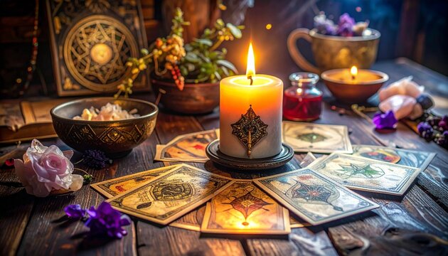 Mystical Still Life Tarot Cards and Candle Light for Divination Spiritual Rituals Mysticism and Psychic Readings.