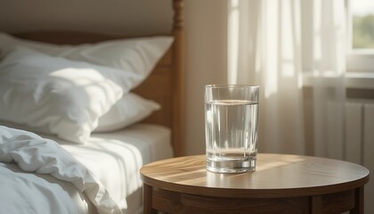 Clear Glass of Fresh Water on Round Wooden Bedside Table in Sunny Bedroom with Soft Natural Morning Light Falling on White Pillows and Bed Linens for Healthy Lifestyle and Morning Routine Concept