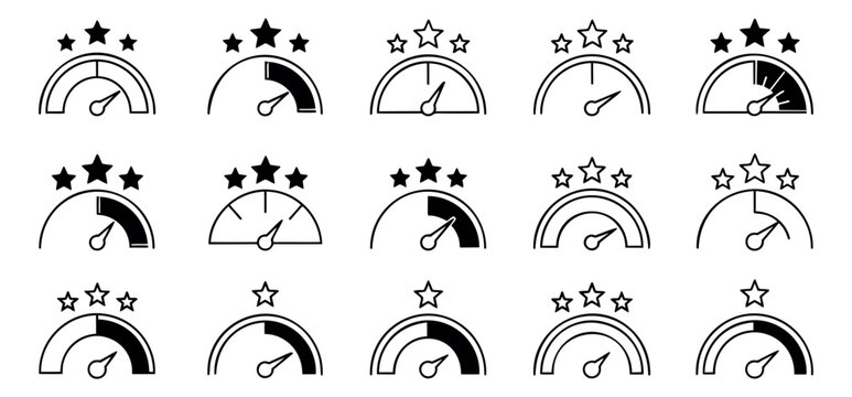 Line art rating gauge set featuring star indicators and performance levels for customer feedback