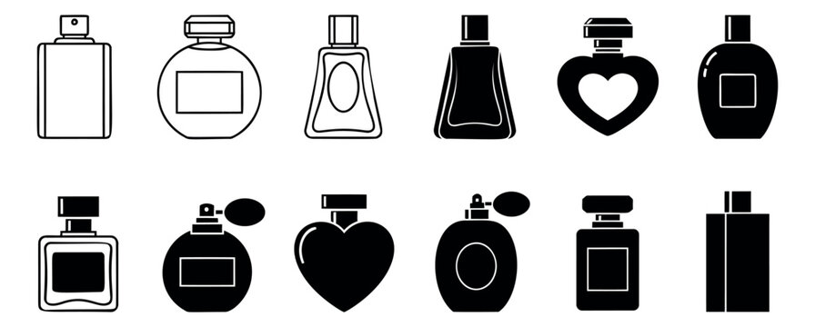 Line art and silhouette perfume bottle icon set featuring various shapes and designs for beauty products and branding
