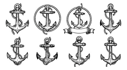 Hand drawn line art nautical anchor set featuring rope details and decorative frames for marine adventure designs