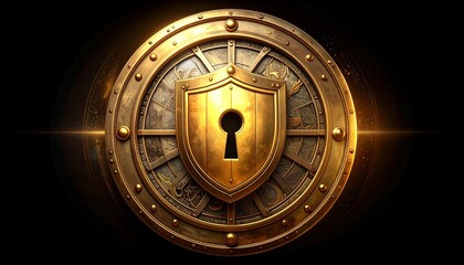 Ornate Golden Shield with Keyhole - Protection Security and Historical Symbolism for Modern Design.