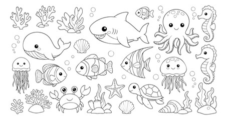 Hand drawn line art sea animals set featuring cute marine creatures and underwater elements for children's activities and designs