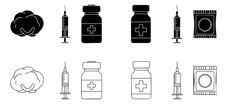 Healthcare glyph and line art icon set featuring cotton, syringes, medicine vials, and condoms for medical safety and prevention
