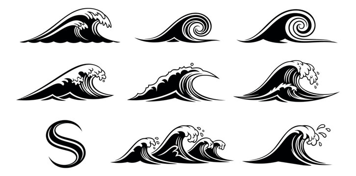 Graphic wave set featuring various ocean waves and water splashes for marine and surf designs