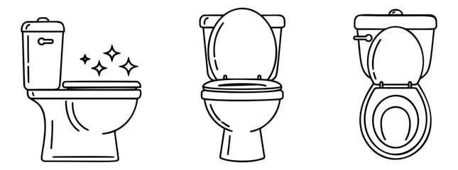 Line art toilet icon set featuring various clean toilet designs for hygiene, sanitation, and bathroom concepts