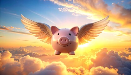 Piggy Bank with Wings Flying in a Dreamy Sky Evoking Financial Freedom and Security Concepts.