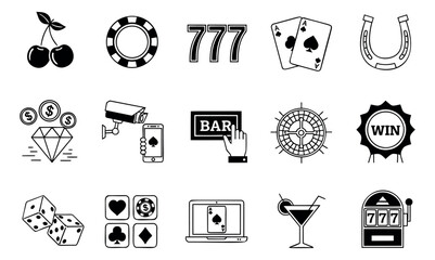 Line art casino set featuring classic gambling symbols and modern elements for online gaming