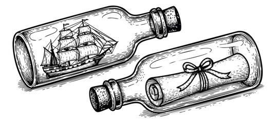 Vintage hand drawn line art bottles set featuring a ship and a message scroll for nautical designs