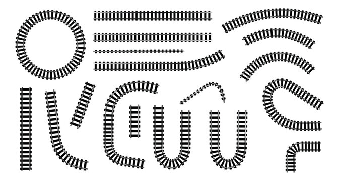 Line art train track set featuring various straight, curved, and circular segments for transportation design