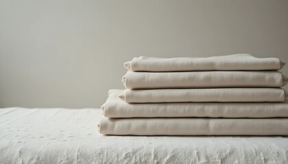 Stack of Soft Neutral Beige and White Folded Linen Bedding and Cotton Textiles on White Surface with Natural Sunlight and Aesthetic Shadows for Home Decor Organizing and Eco Friendly Lifestyle