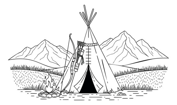 Hand drawn line art illustration of a teepee camp depicting a traditional outdoor scene for adventure and indigenous culture
