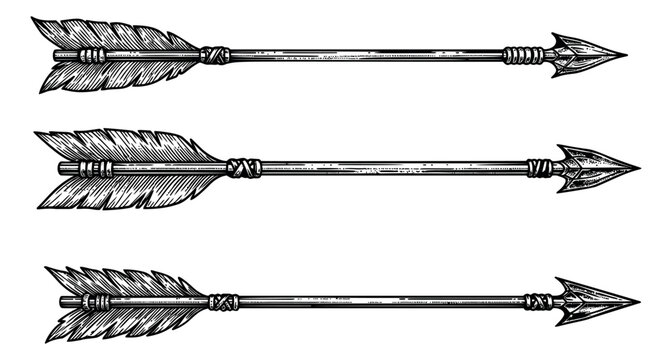 Hand drawn line art traditional arrow set featuring feathered fletching and metal arrowheads for archery and hunting designs