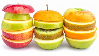 Colorful stacked slices of fresh fruits arranged conceptually isolated on white background for health and wellness themes.