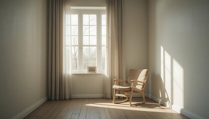 Elegant Vintage Armchair in Empty Living Room with Warm Sunlight Streaming Through Window and Sheer Curtains on Polished Wood Floor for Interior Design Home Staging and Real Estate Photography