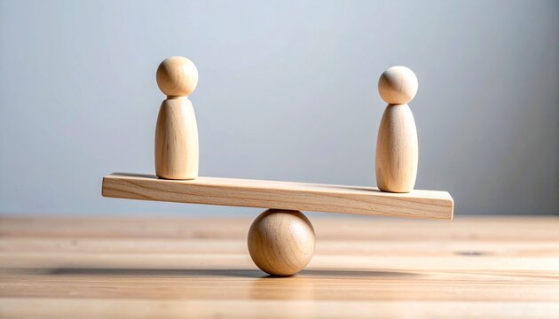 Balancing Act Wooden Figures on Seesaw Symbolizing Equality Harmony Equilibrium and Negotiation in Business or Relationships.