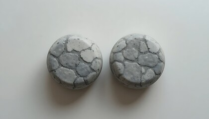 Two Round Concrete Decorative Spheres with Stone Mosaic Pattern Texture on Clean White Background Top View for Modern Industrial Interior Design and Geometric Architectural Ornament Decoration