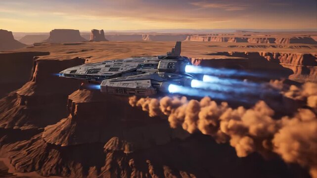 A massive sci-fi spaceship flies low over a deep desert canyon at sunset.