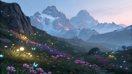 Enchanted Mountain Landscape: Blooming Flowers, Glowing Lights, and Butterflies at Dusk