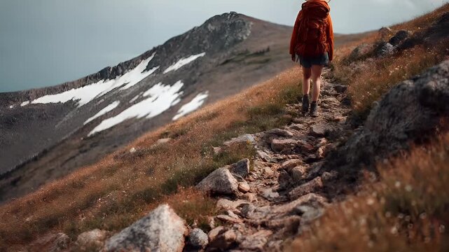 Explore adventure journey achievement outdoor in National Park. A woman in a red jacket and hat walking on a rocky trail, surrounded by grassy terrain and snowcapped mountains.