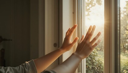 Close Up of Person Reaching Toward Warm Golden Sunlight at Home Window, Feeling Hope and Connection to Nature, Morning Wellness and Mindful Living Concept with Soft Sun Flare and Garden View.