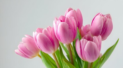Fototapeta premium A Beautiful Bouquet of Delicate Pink Tulips on a Soft Background.