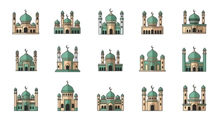 Obraz premium Collection of beautifully designed Islamic mosques in various architectural styles, perfect for cultural and religious themes