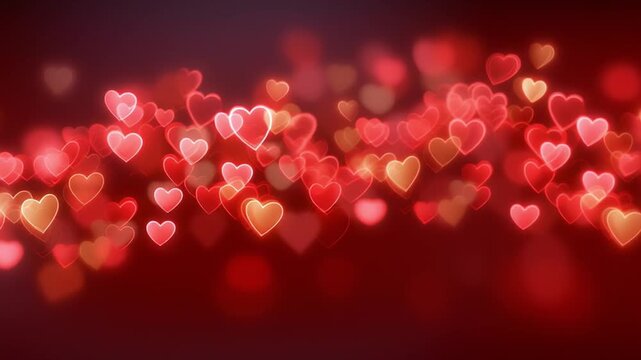 Soft red heart bokeh lights drift horizontally, brighten, overlap, then fade slightly as the glowing shapes continue moving across a dark red background in a romantic loop.