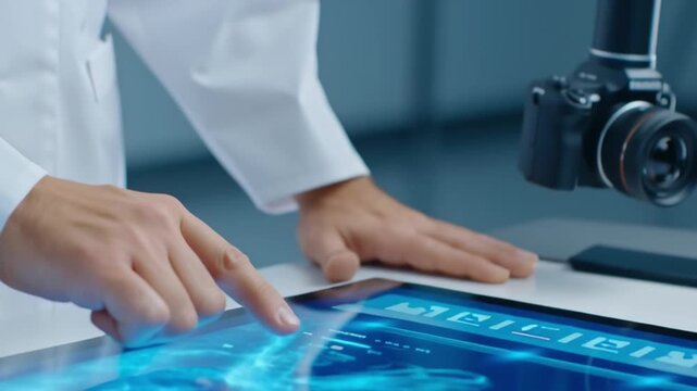 Hands of medical professional use a tablet with blue diagnostic interface on a desk. Finger taps and swipes across the screen as data layers animate and shift under bright clinic light.