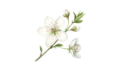 Fototapeta premium White Flowers Green Leaves Stem White Background Botanical