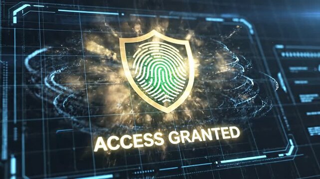 Biometric fingerprint security shield icon displaying access granted status on a digital screen for cybersecurity branding.