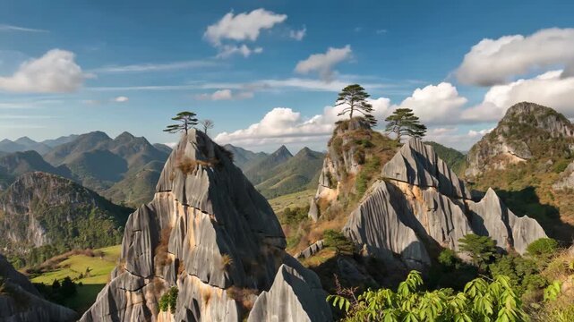 Panoramic natural scenery of mountain pine trees, karst landform and mountain scenery