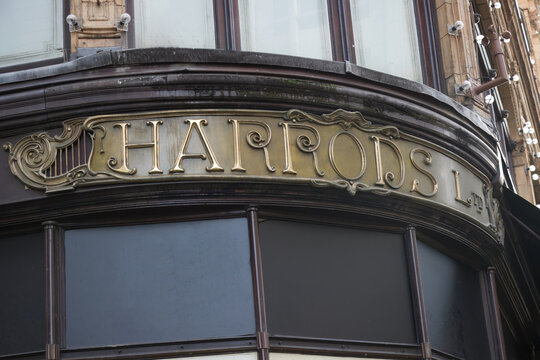 Harrods Department store in London at night.