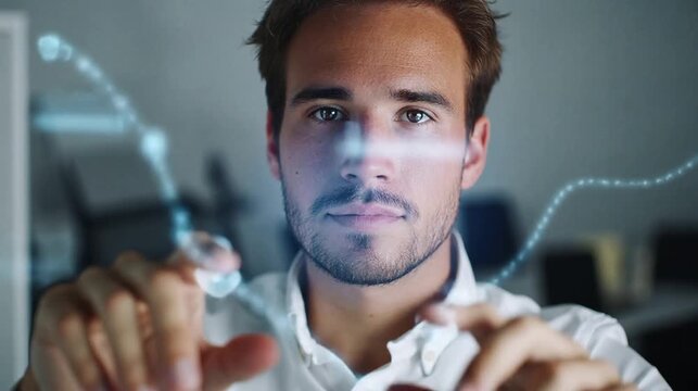 Man interacting with futuristic digital interface for artificial intelligence and business technology concept