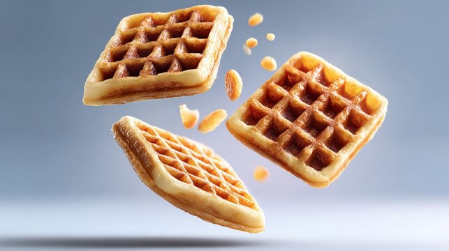 Three waffles falling in mid-air against a clean seamless background, showcasing texture and detail, with ample copy space on the left side for design or text integration
