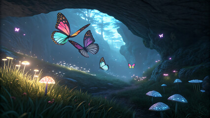 Magical Butterflies Flying in Bioluminescent Cave with Glowing Mushrooms, Ethereal Fantasy Scene