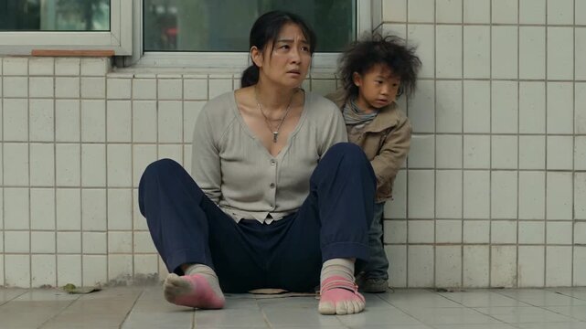 Mother and child sit against a wall, mother and child depend on each other for survival