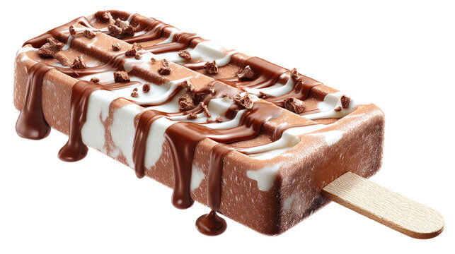 A chocolate and white ice cream with chocolate drizzle on top