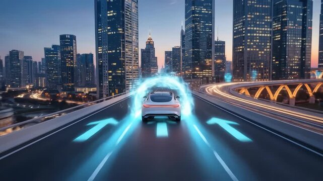 Autonomous car navigates a smart city highway at dusk.