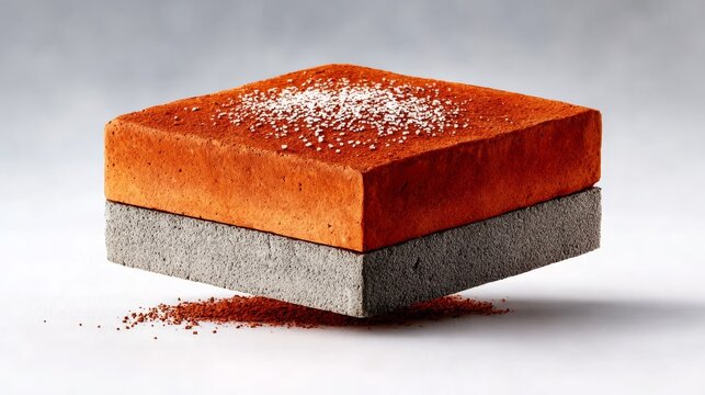 Sliced refractory brick with a red top layer and gray base, showcasing a textured surface and fine particles, positioned against a seamless light background with ample copy space