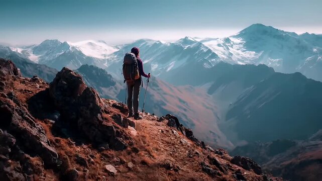 Explore adventure journey achievement outdoor in National Park. A person standing atop a rocky outcrop, wearing a backpack and holding trekking poles.
